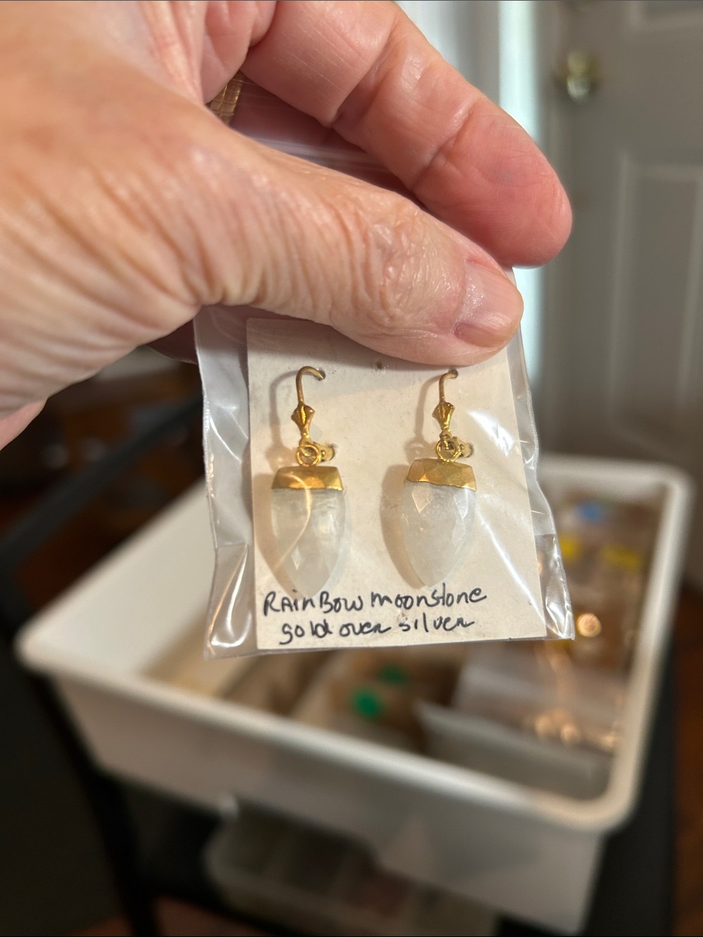 Gold Rainbow Moonstone Teardrop Earrings